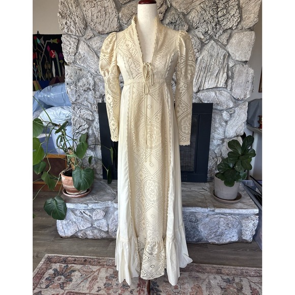 Vintage Gunne Sax Dress Size 7 Crochet Lace Corset Prairie Cottagecore Wedding - Picture 2 of 16